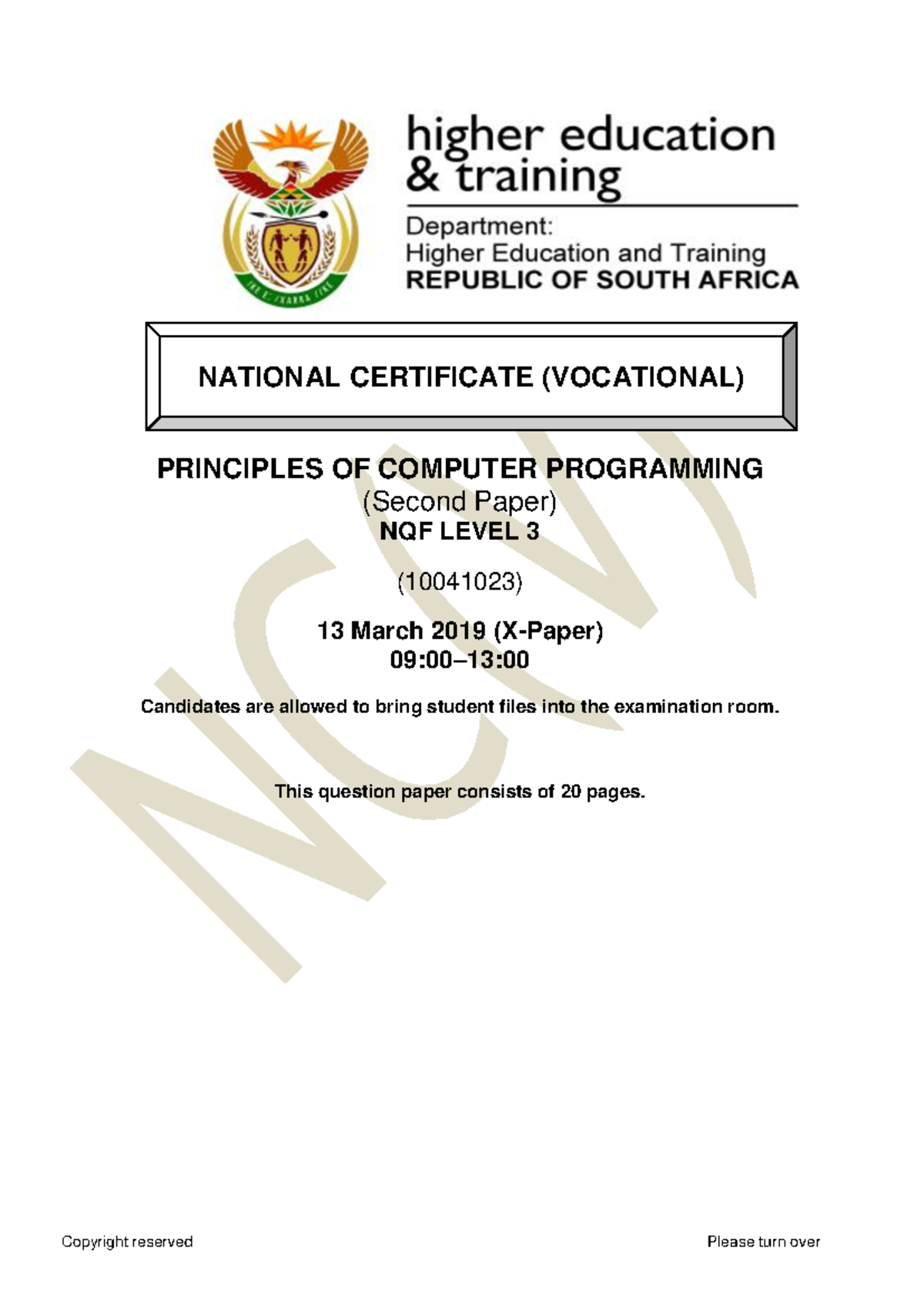 NC2420 - Principles of Computer Programming L3 P2 Final Exam QP 2019 ...