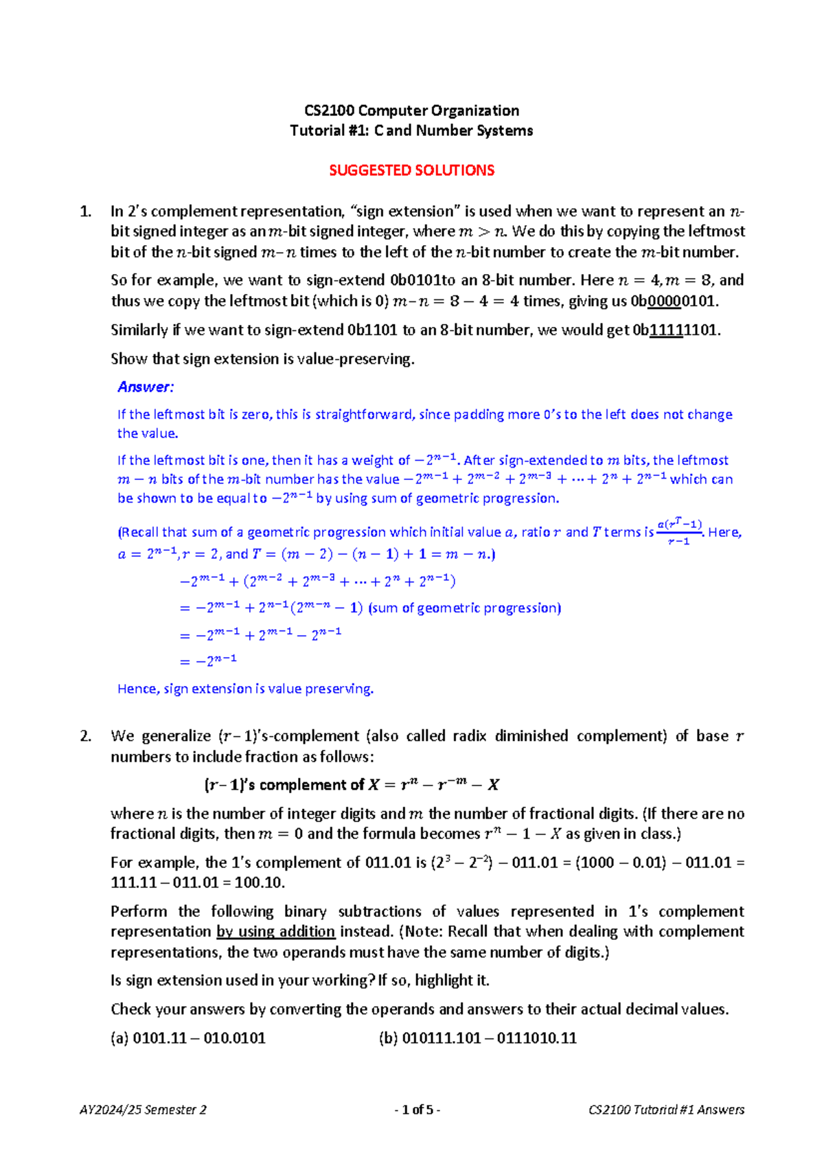 CS2100 Computer Organization Tutorial 1 Suggested Solutions - Studocu