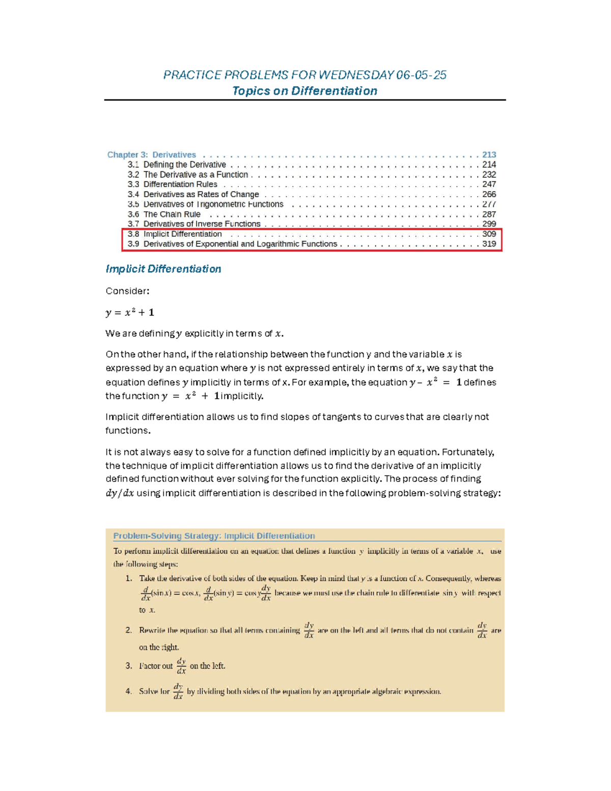 PRACTICE PROBLEMS ON DIFF & IMPLICIT DIFF - MATH 101 - Studocu