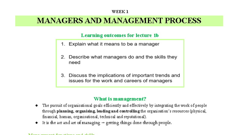 MGMT1002 - Managing for Impact: Week 1-3 Lecture Notes - Studocu