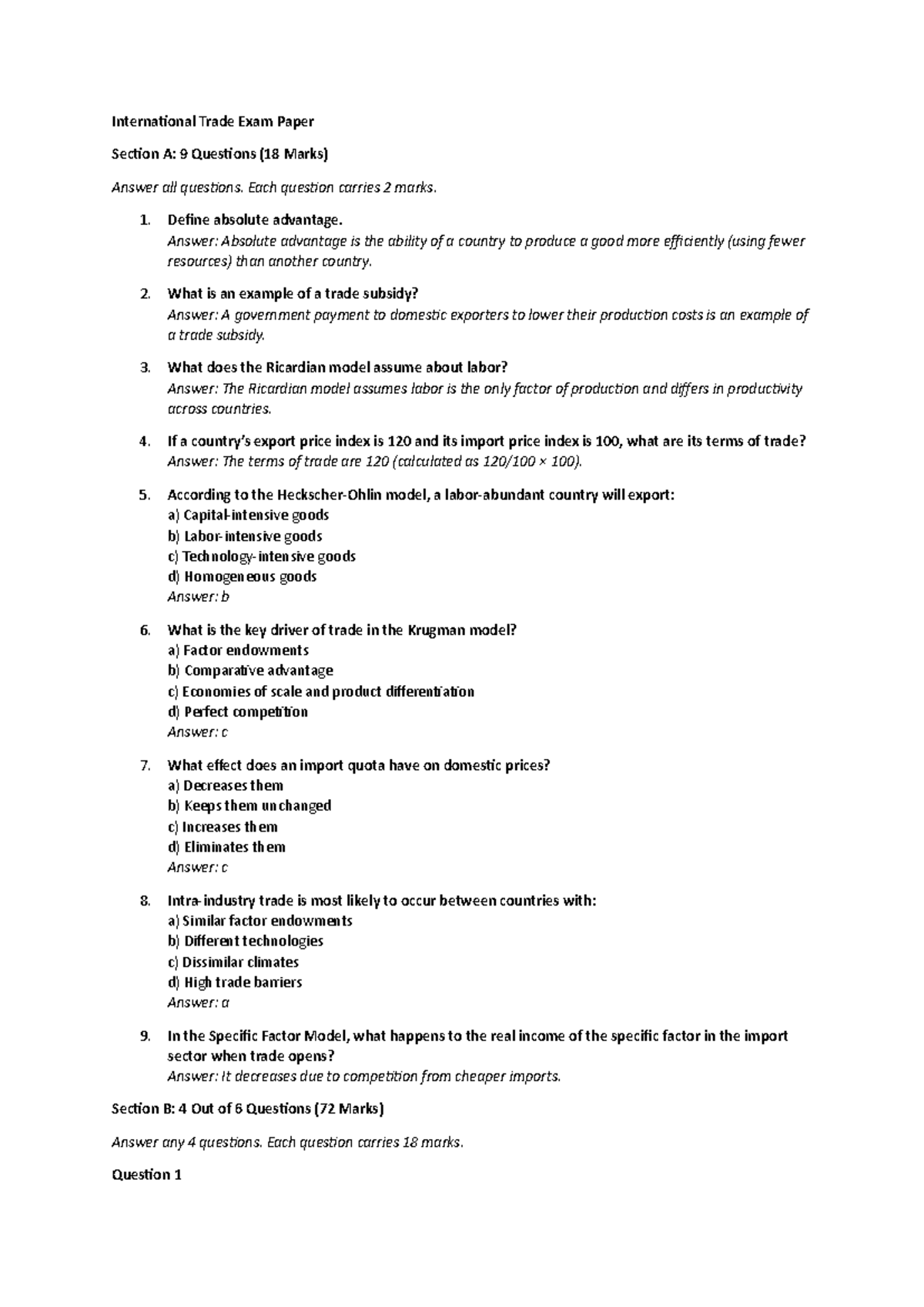 International Trade Exam Paper - Section A & B Overview (IT 101) - Studocu