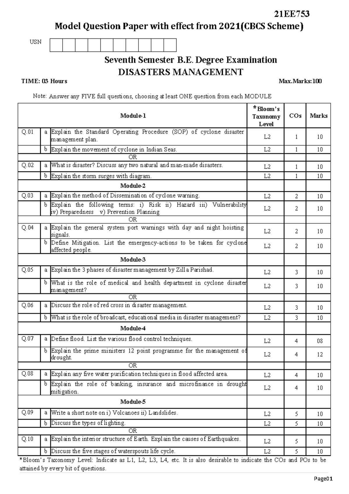 21EE753 Disaster Management Model Question Paper (CBCS) - Studocu
