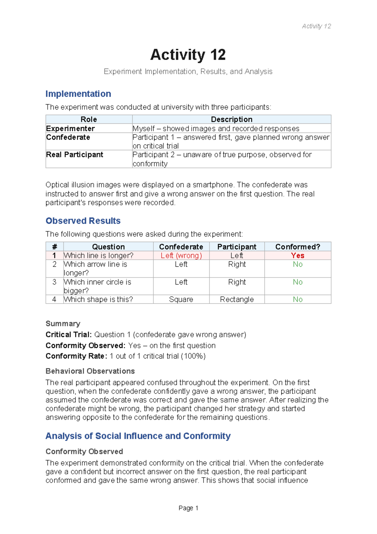 Activity 12: Experiment on Social Influence and Conformity Analysis ...