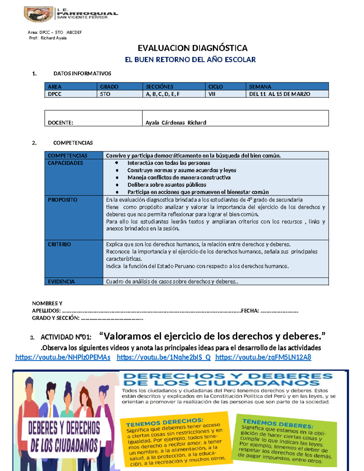 Evaluación Diagnóstica DPCC 5TO - Derechos Humanos y Ciudadanía - Studocu
