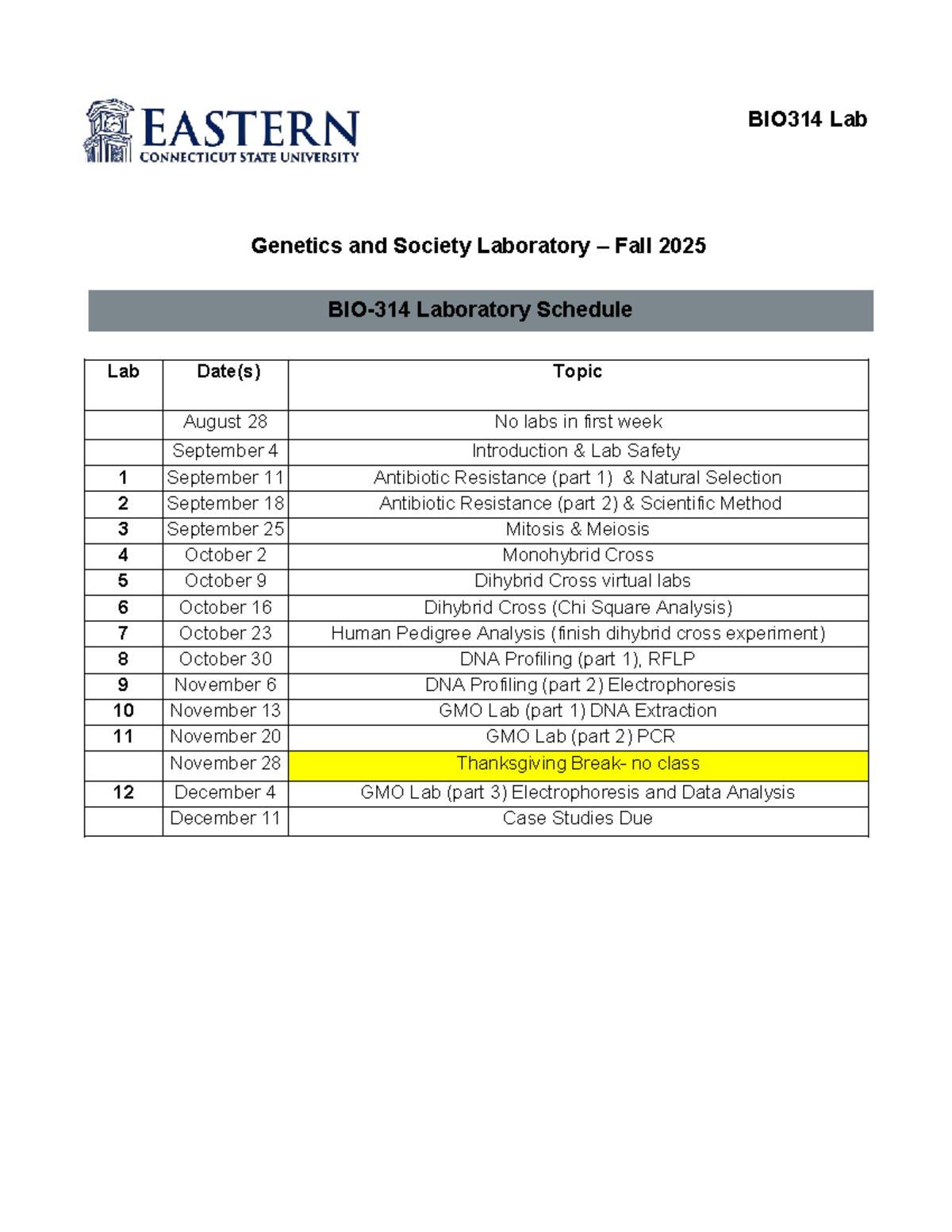BIO314 Lab Schedule: Genetics & Society - Fall 2025 - Studocu