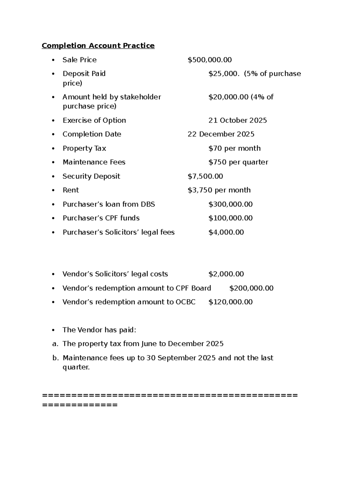 Completion Account Practice: Vendor & Purchaser Disbursement Details ...