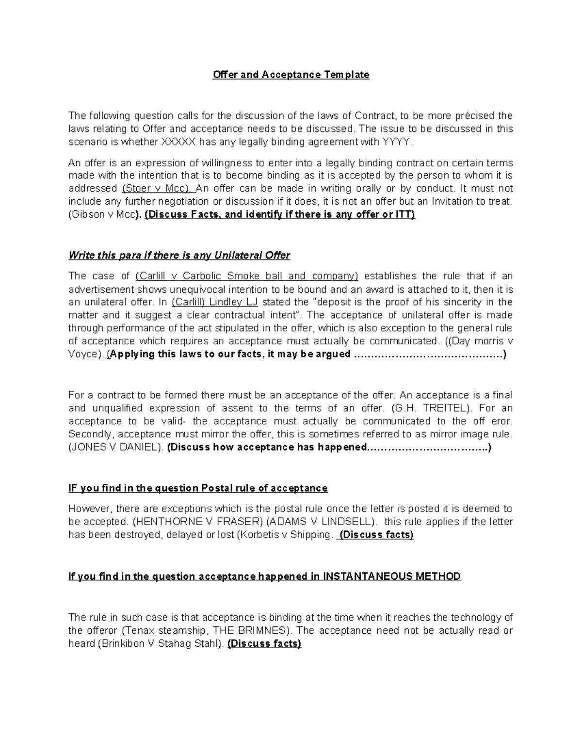 Contract Law: Offer and Acceptance Analysis Template - Studocu