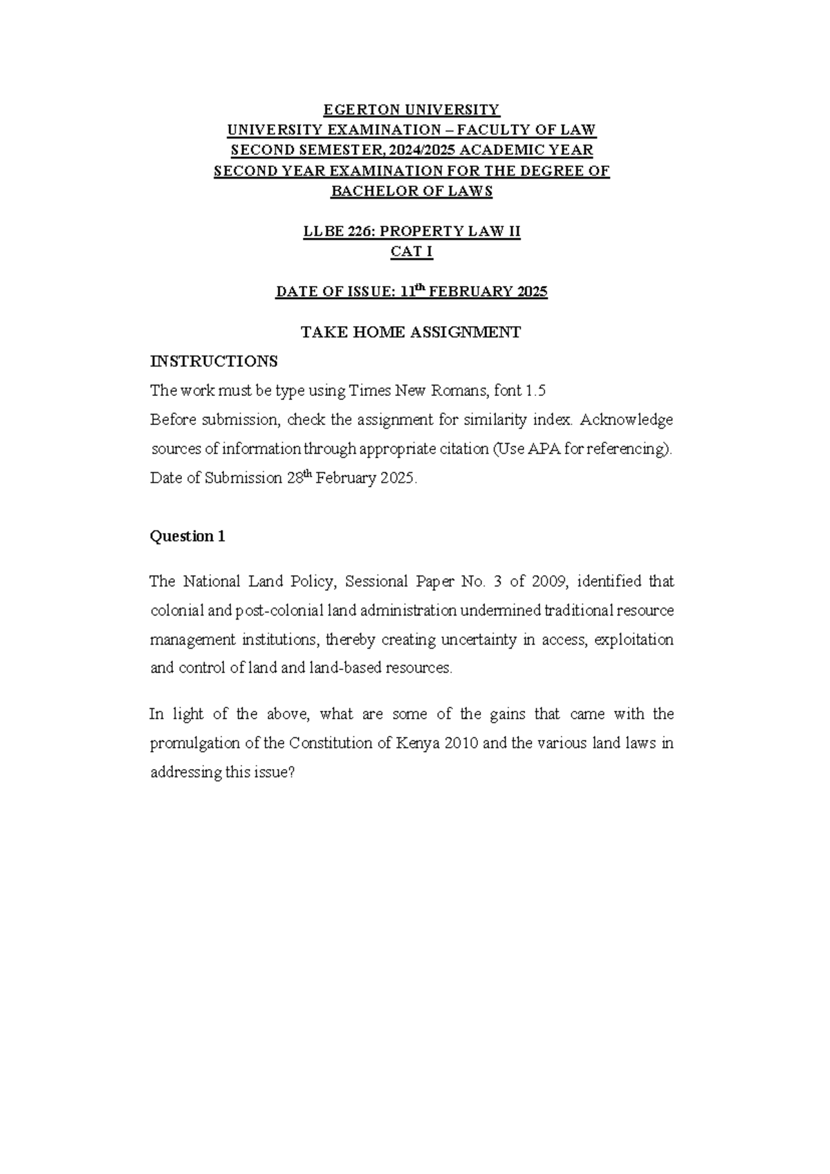 Property Law II Assignment Feb 2025 - EGERTON UNIVERSITY UNIVERSITY ...