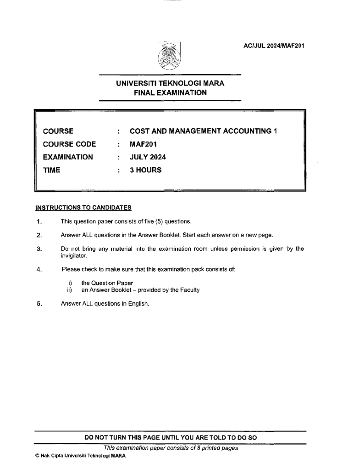 MAF201 Final Exam: Cost & Management Accounting July 2024 - Studocu