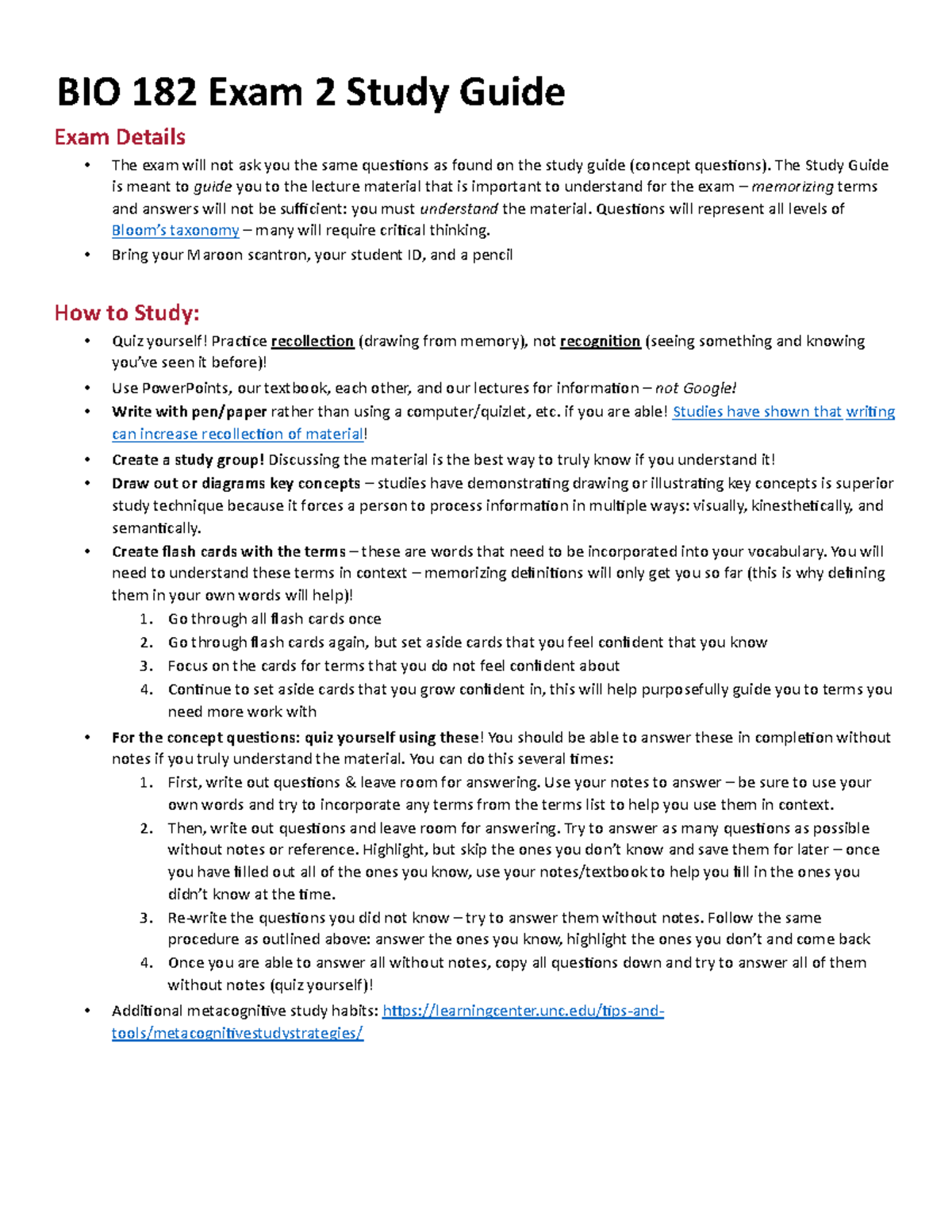 BIO 182 Exam 2 Study Guide - Studocu