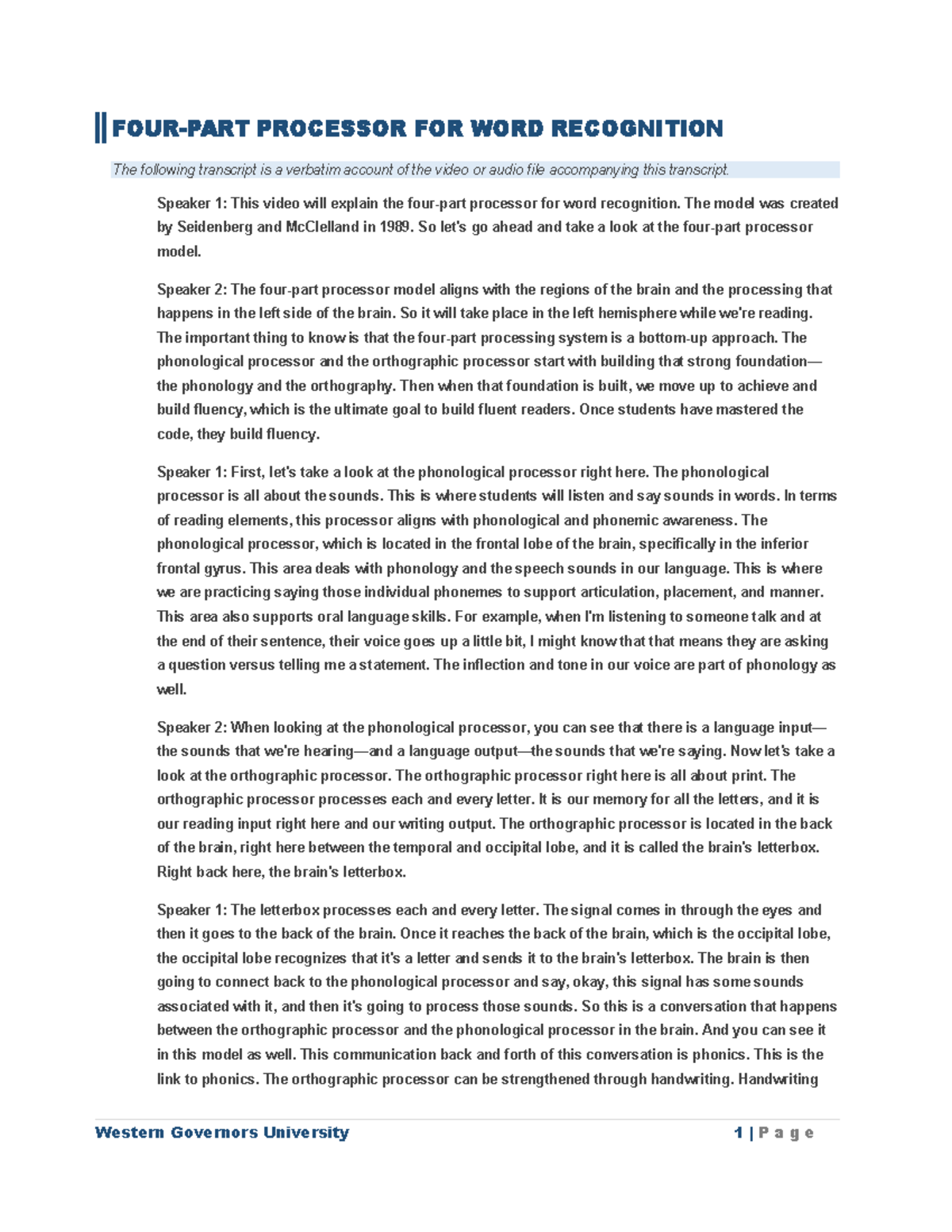 Processor for Word Recognition: A Transcript Overview (WGU) - Studocu