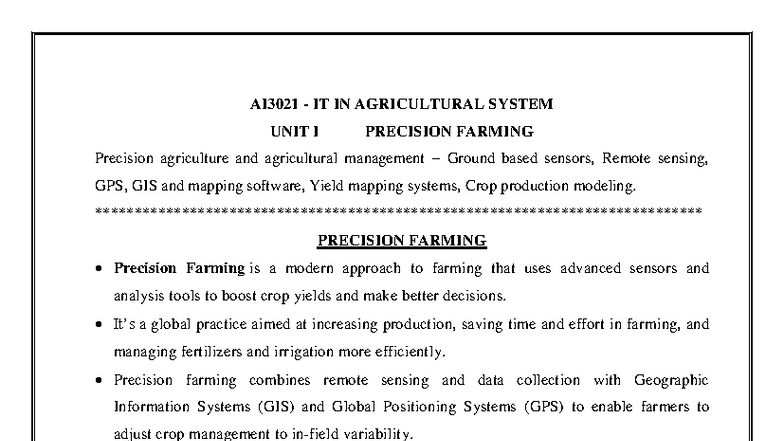 AI3021 Precision Farming & Agricultural Management: Unit I Notes - Studocu