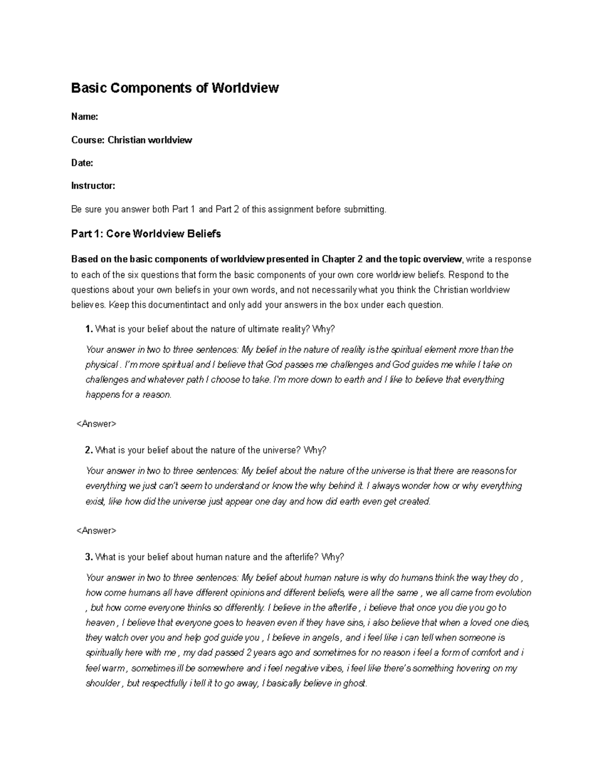 Basic Components of Worldview: Christian Perspective (Course Code ...