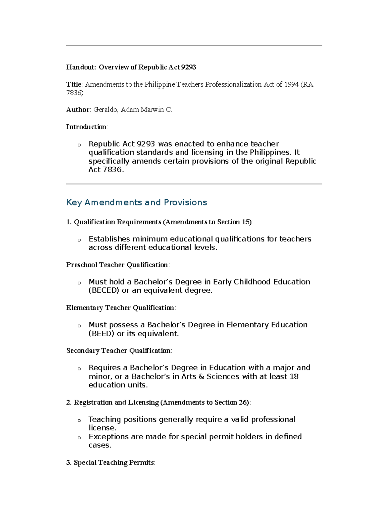 Handout: Overview of RA 9293 amendments to the Philippine Teachers Act ...