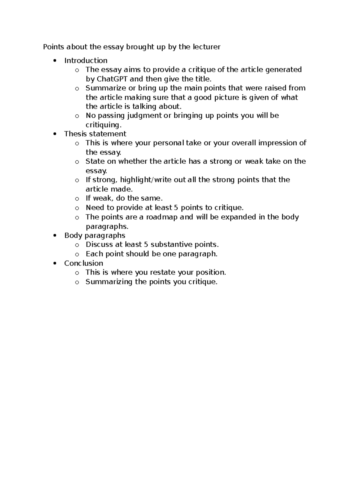 Points about the essay brought up by the lecturer - o Summarize or ...