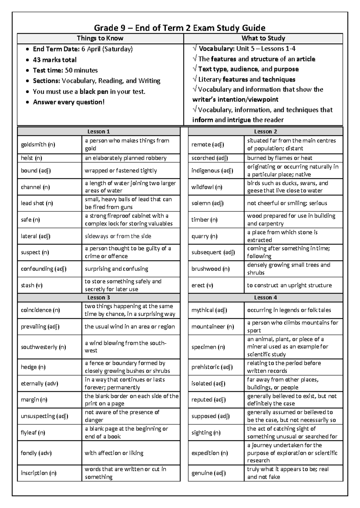 G9 - End of Term 2 Review Handout - Grade 9 – End of Term 2 Exam Study ...