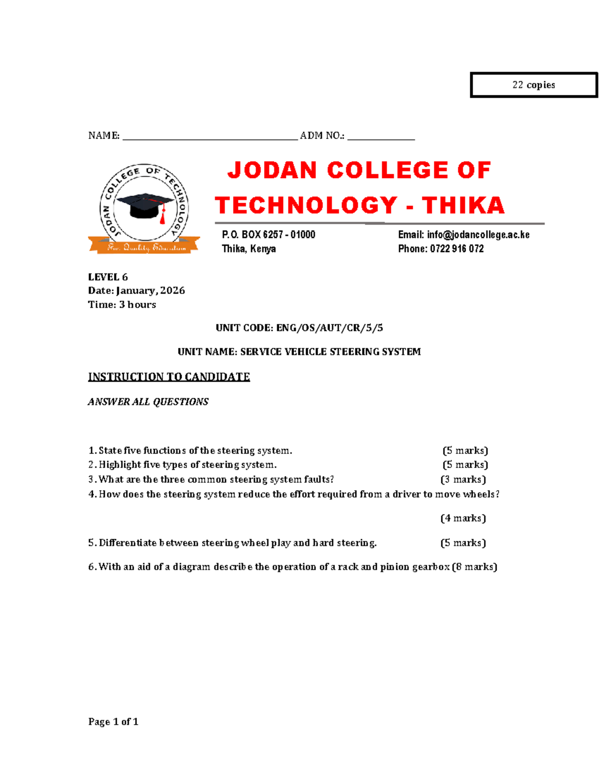 Steering System CAT 1 - Well Researched Lecture Notes - Studocu