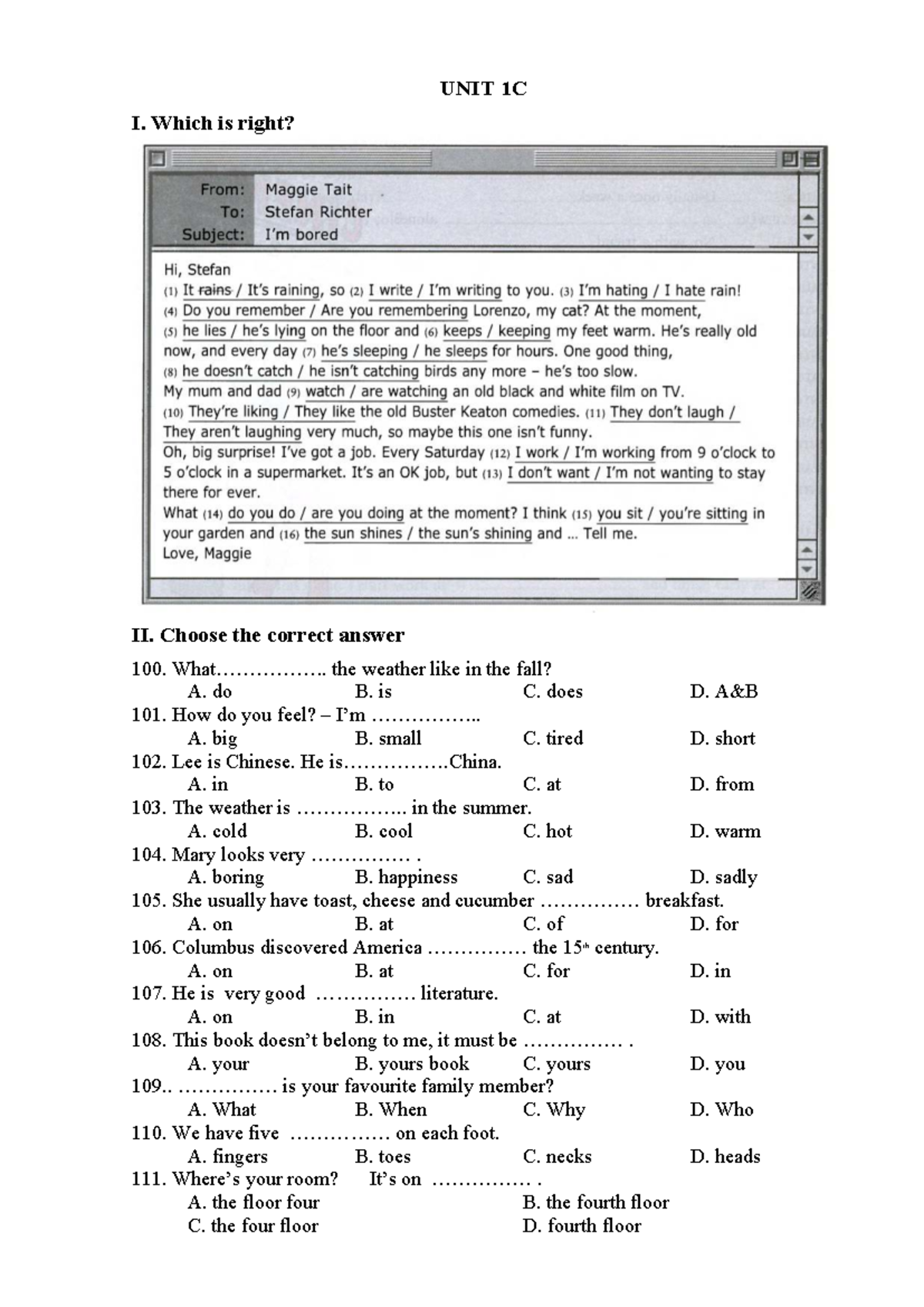 UNIT 1C - English Language Practice Questions and Passages - Studocu