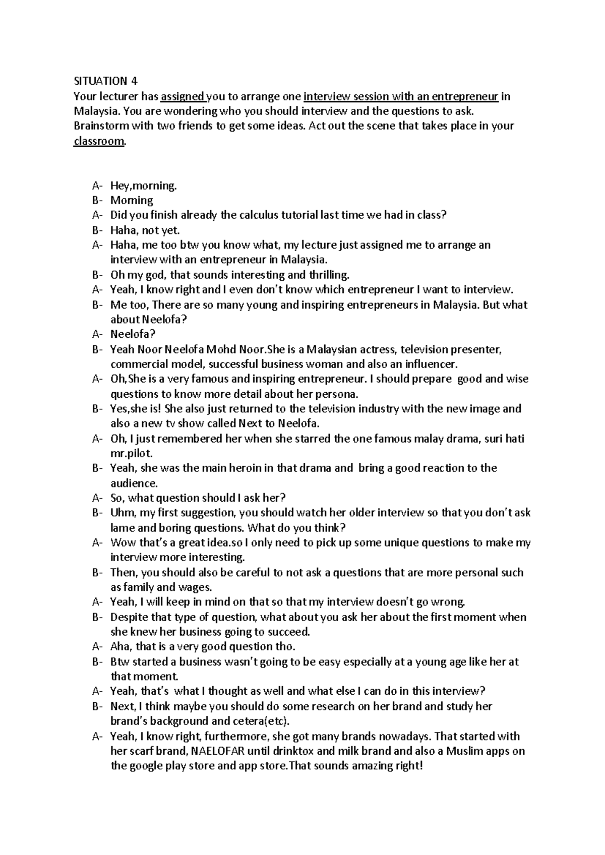 Interview Role Play Assignment with Entrepreneur (ELC121) - Studocu