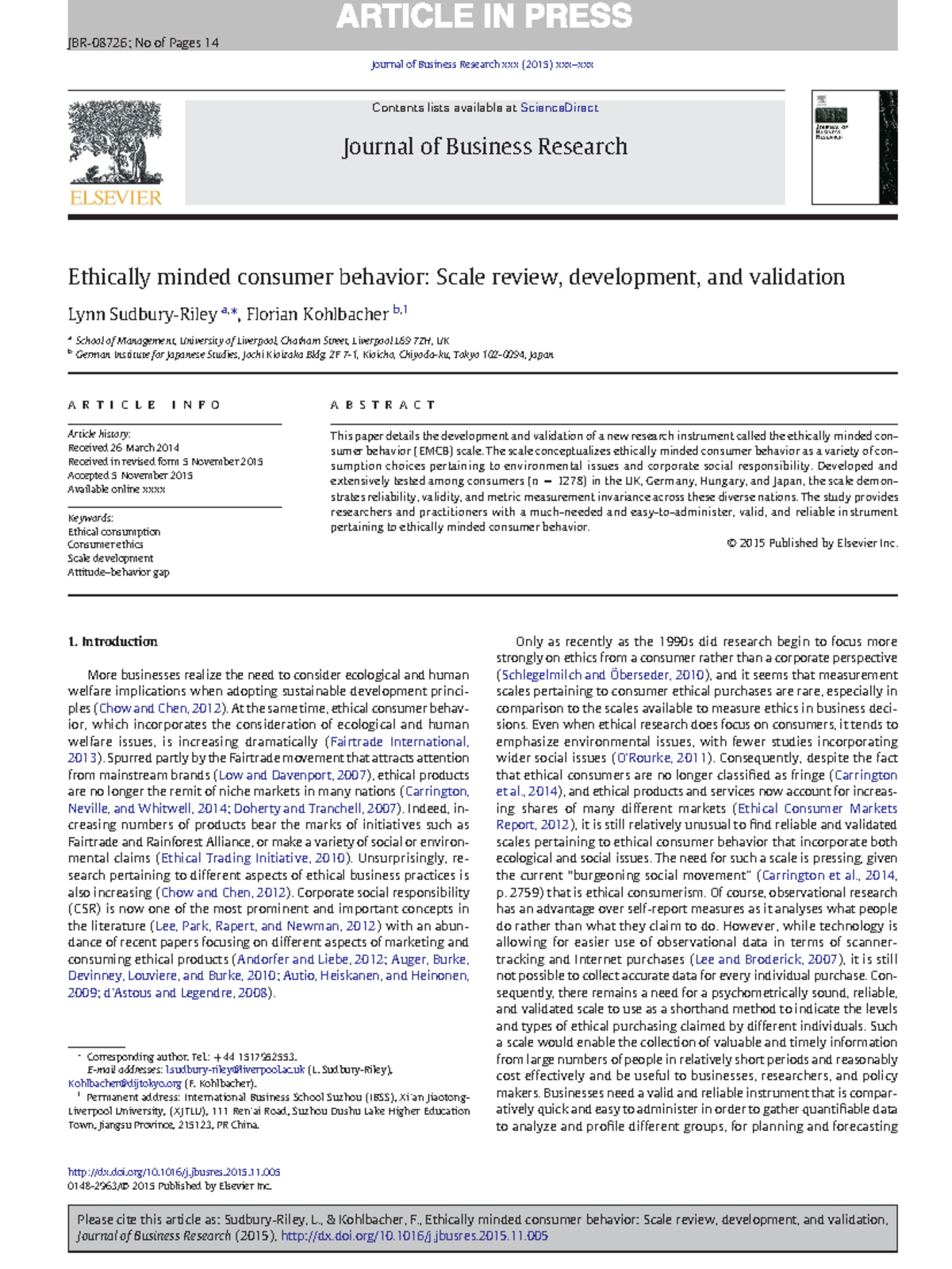 Ethically Minded Consumer Behavior: Scale Development & Validation (JBR ...
