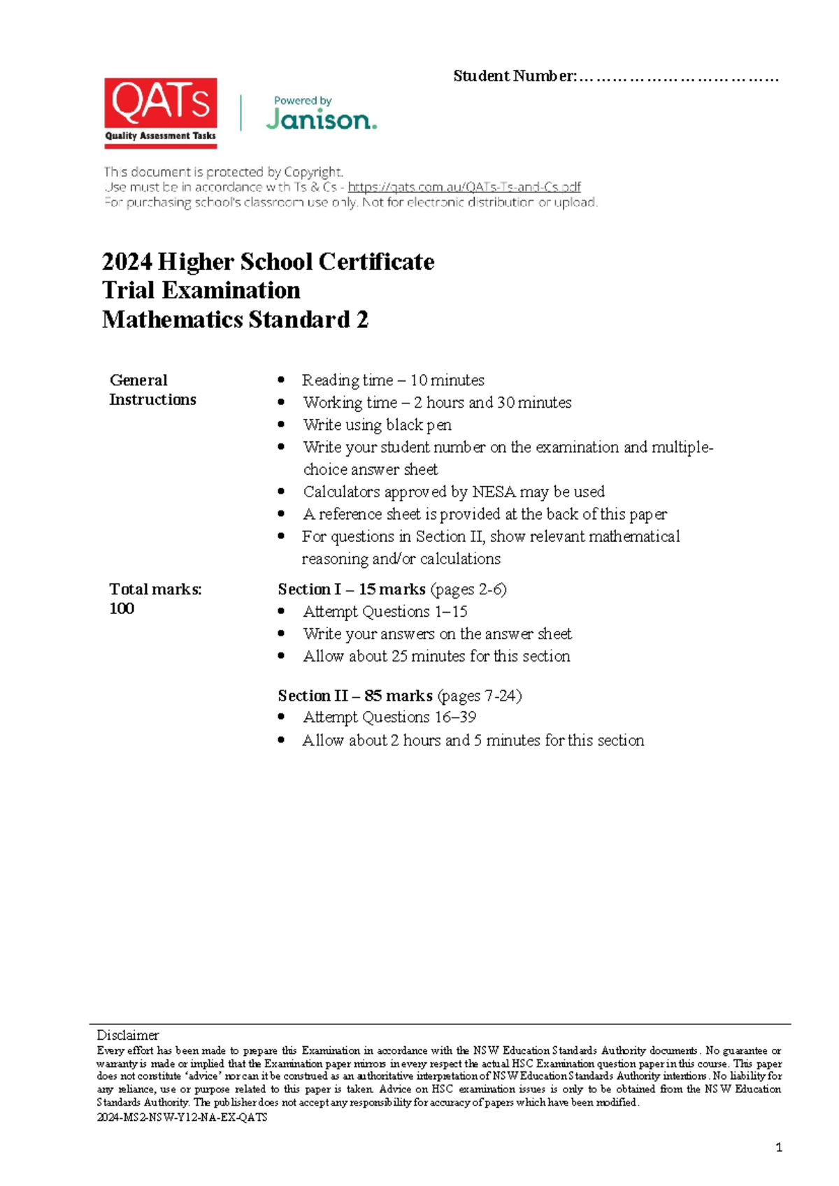 2024 HSC Trial Exam: Mathematics Standard 2 General Instructions - Studocu