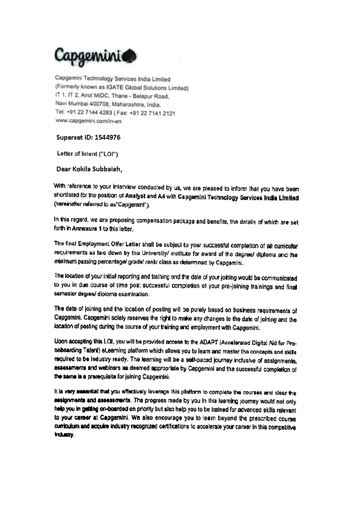 Capgemini Analyst Offer Letter - Important Joining Instructions - Studocu