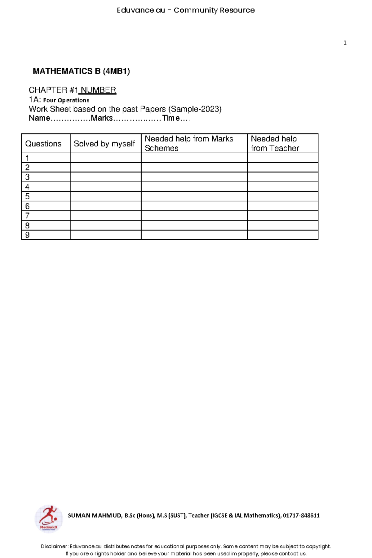 Mathematics B (4MB1) Chapter 1A: Four Operations Worksheet - Studocu