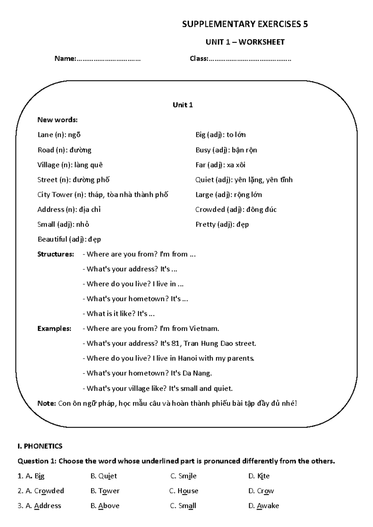01. Grade 5 - Unit 1 - Worksheet - SUPPLEMENTARY EXERCISES 5 UNIT 1 ...