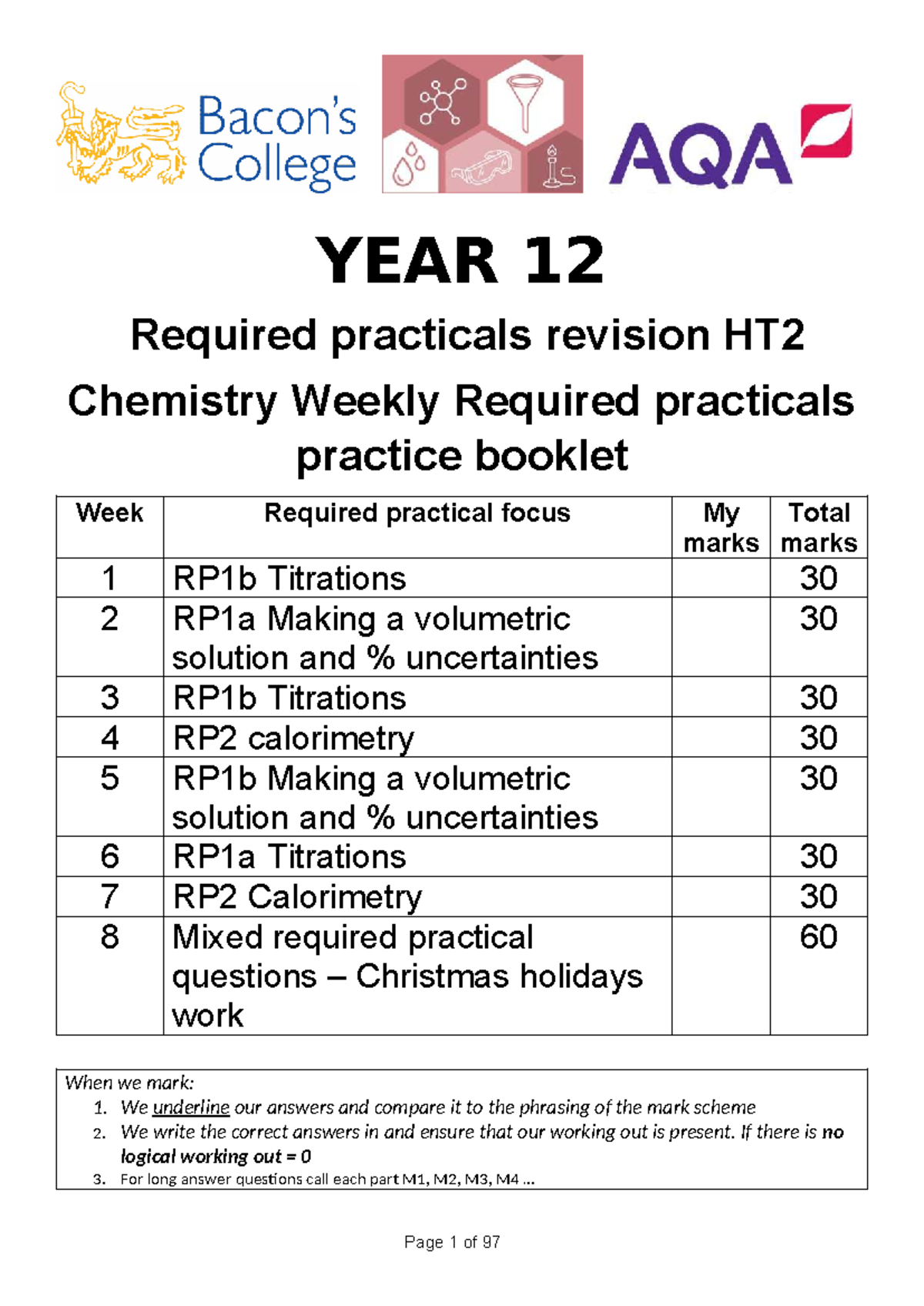 Year 12 Chemistry HT2 Required Practicals Revision Booklet - Studocu