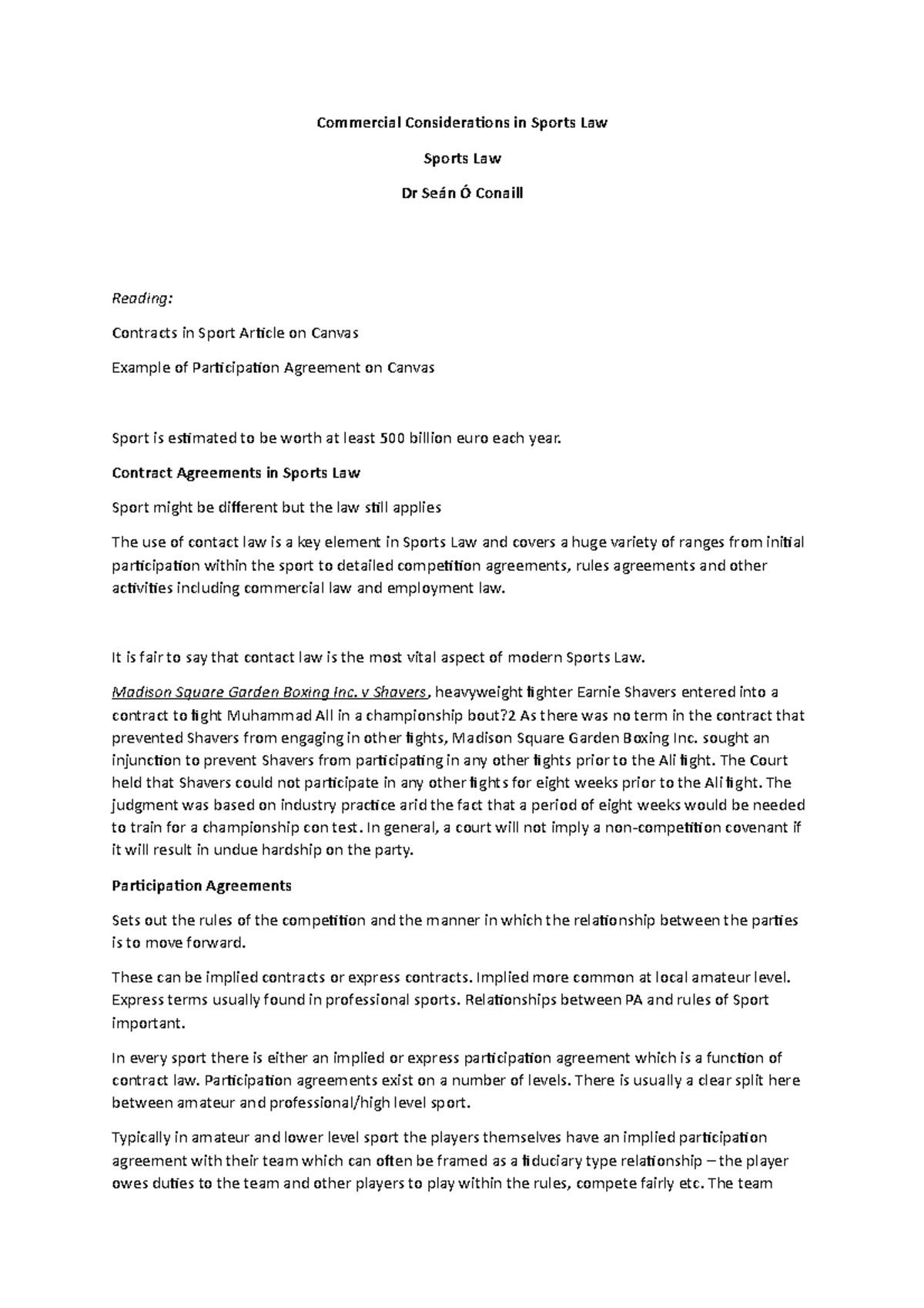 Commerical Law and Sports Law Week 8 Notes - Commercial Considerations ...