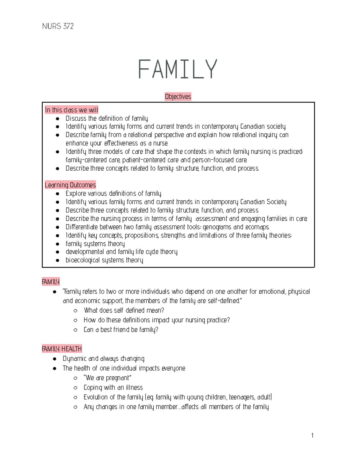 NURS 372 - Family Care and Relational Nursing Perspectives - Studocu