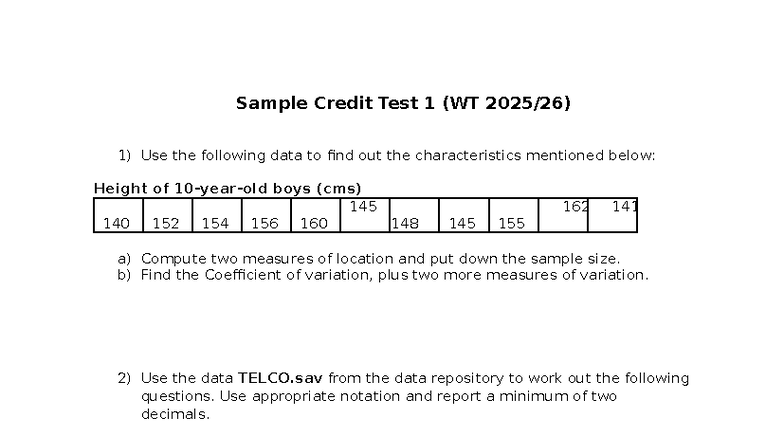 Sample Credit Test 1 (WT 1): Statistics & Data Analysis Tasks - Studocu