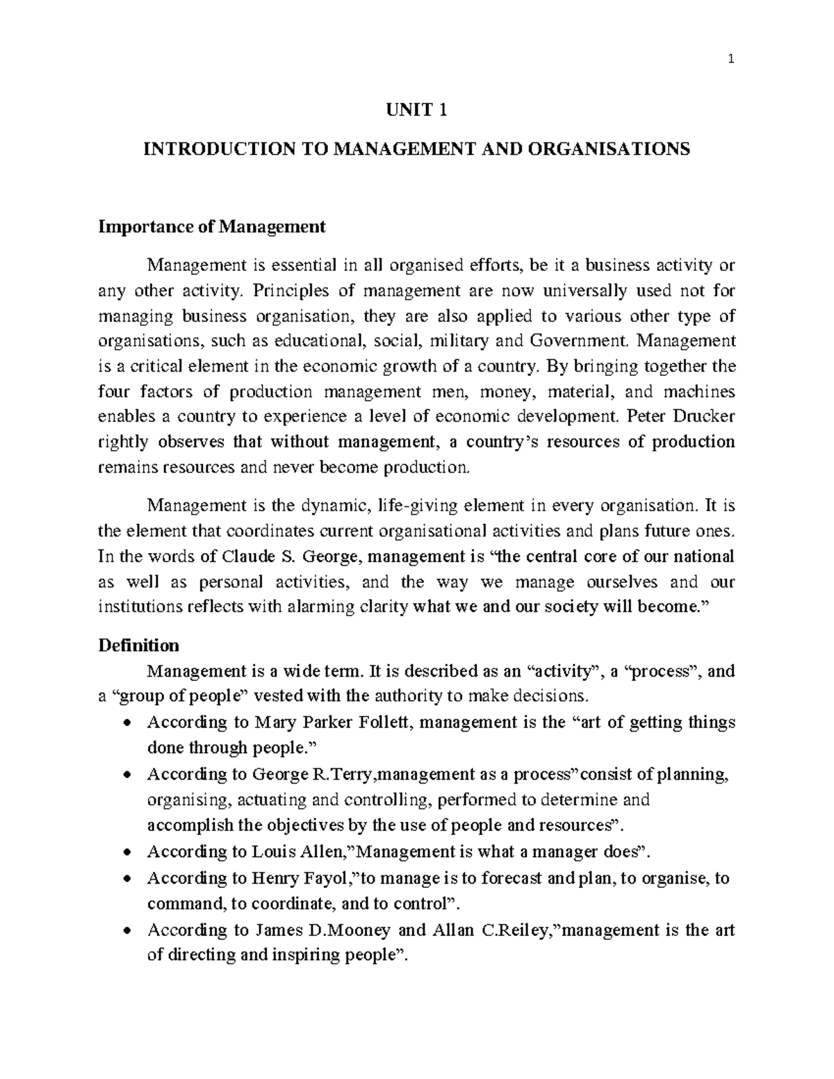 Lecture Notes - MNGT101 Unit 1: Intro to Management & Organizations ...