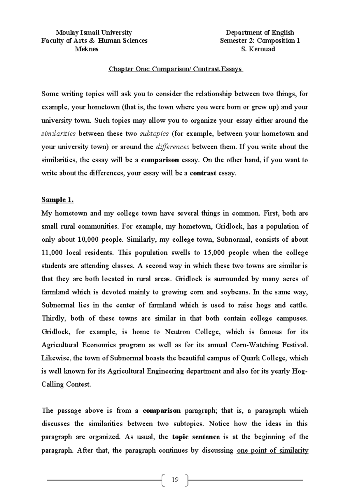 Moulay Ismail University Composition 1 S2: Contrast and Effect Essays ...