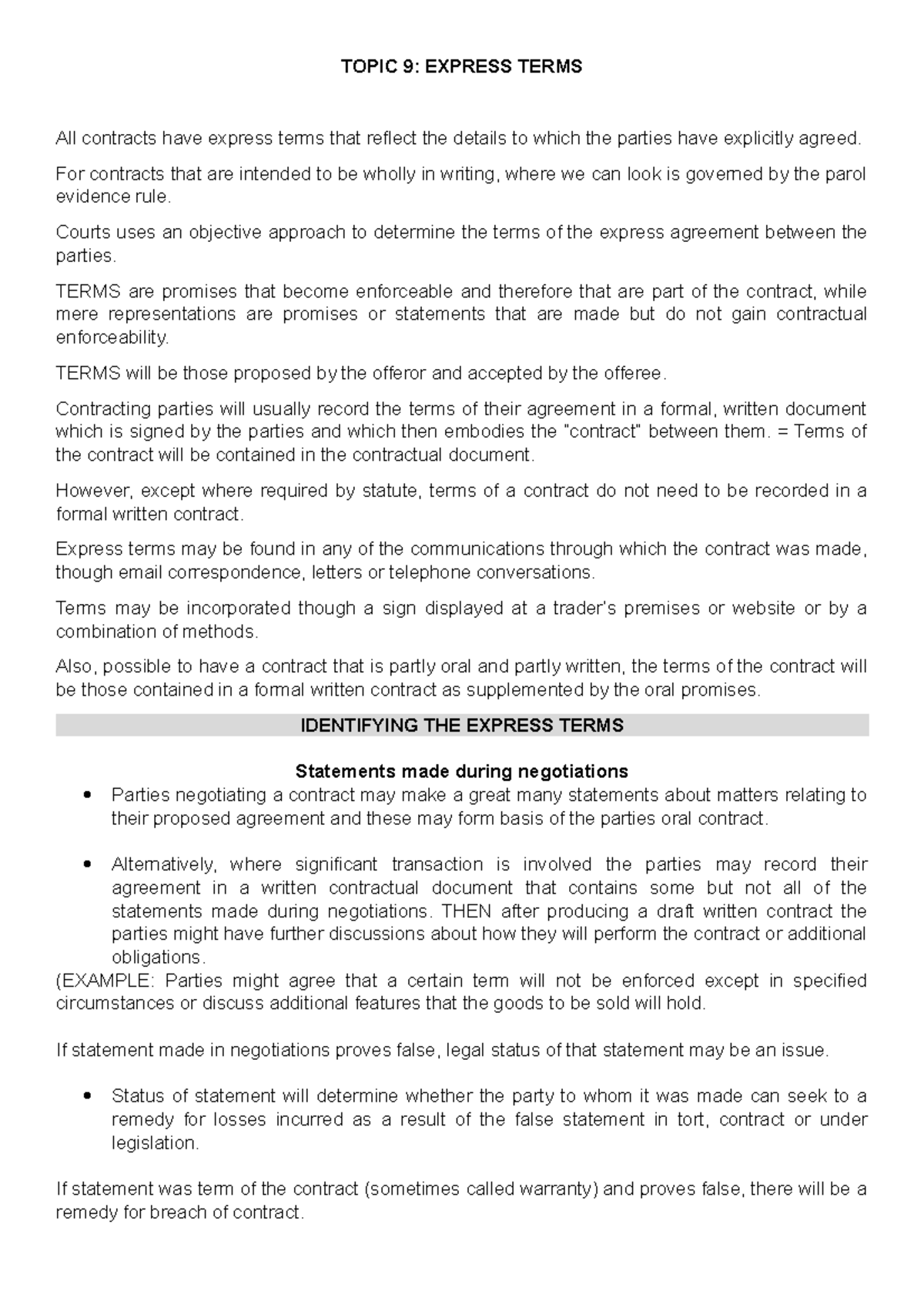Topic 9 - Summary Contract Law I - TOPIC 9: EXPRESS TERMS All contracts ...