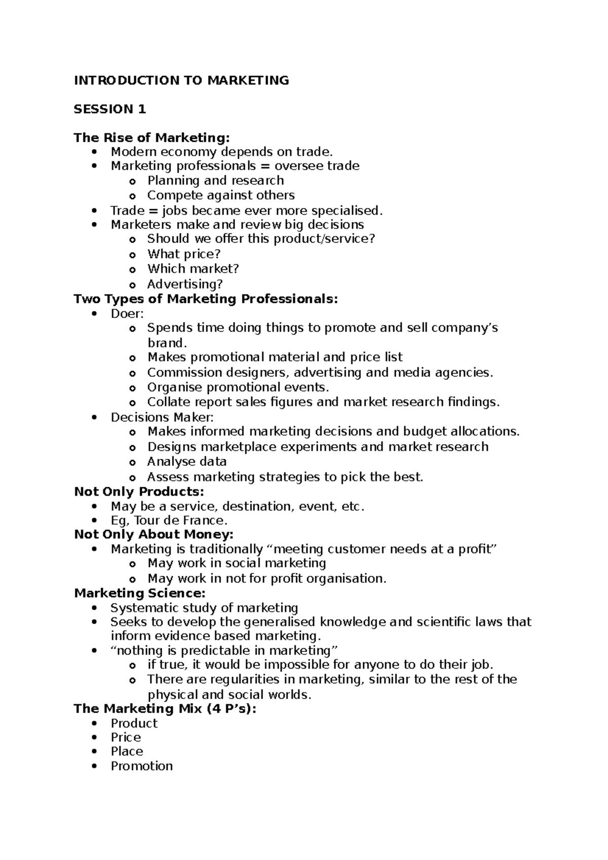 Introduction to Marketing - Lecture Notes Sessions 1 to 4 - Studocu