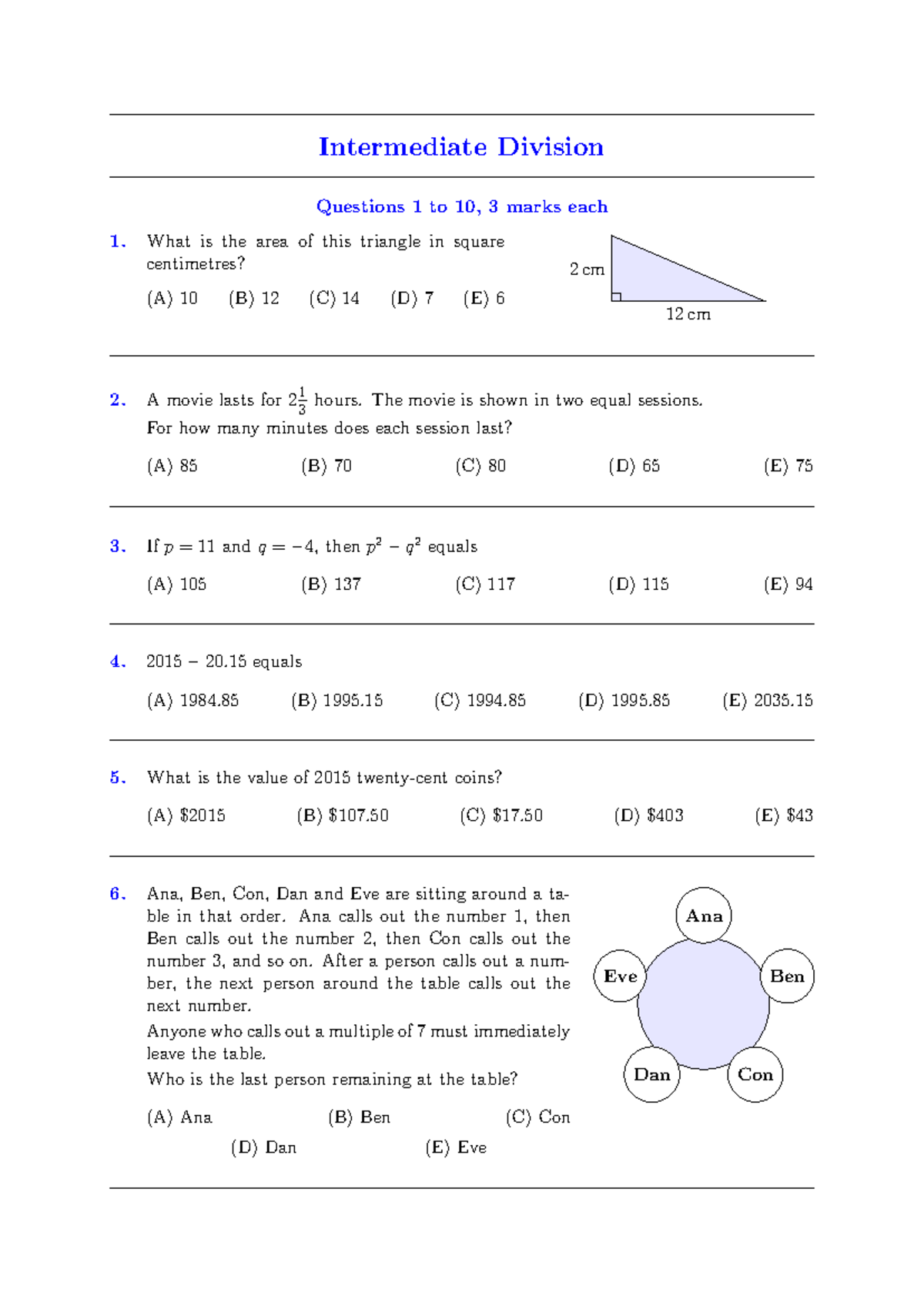 AMC 2015 Intermediate Division Questions 1-30 - Studocu