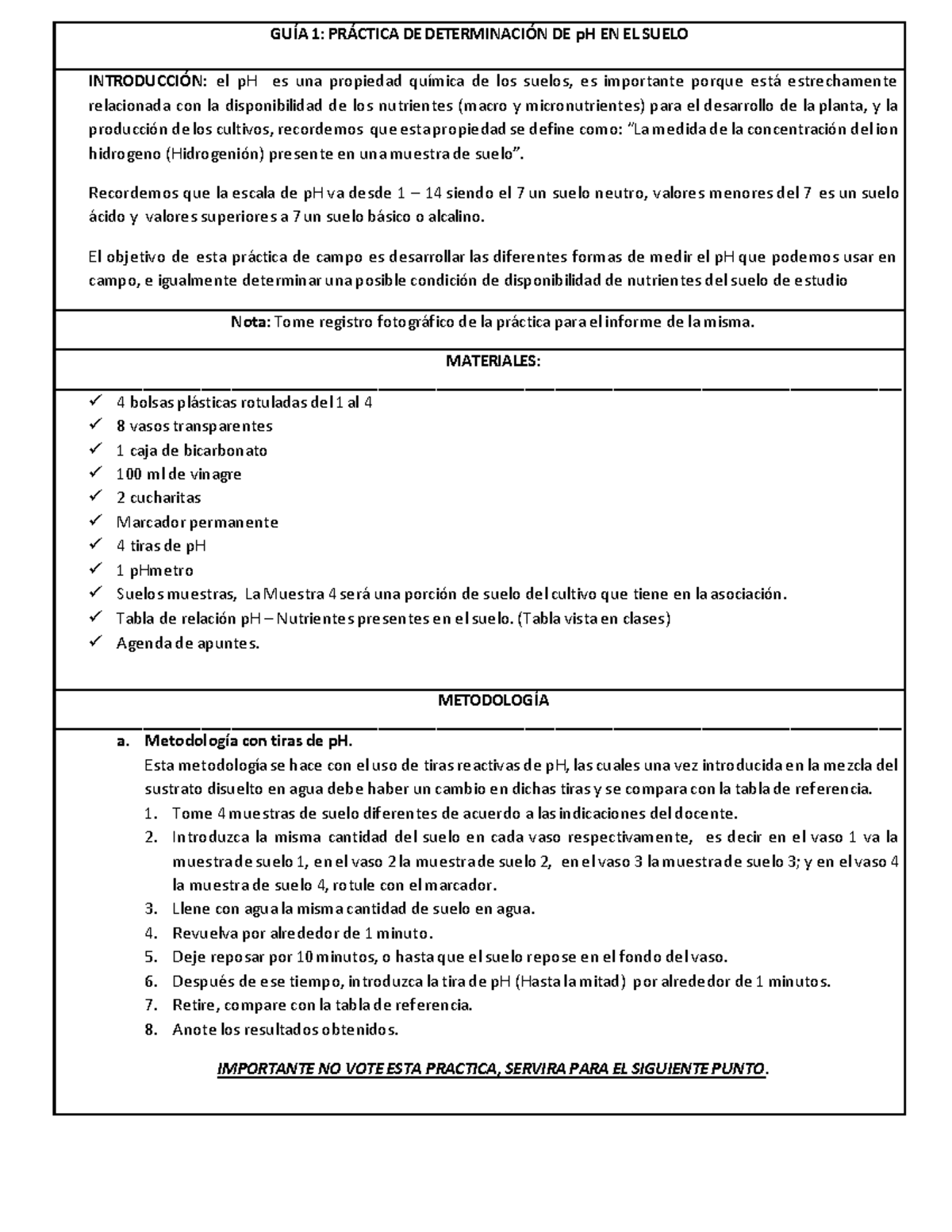 GUÍA 1: PRÁCTICA DE DETERMINACIÓN DE pH EN EL SUELO - Document Preview