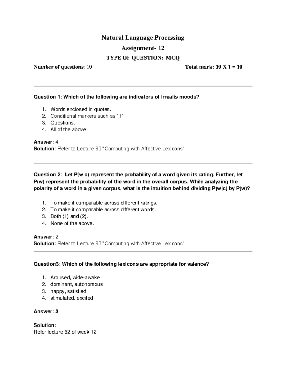 NPTEL NLP Assignment 12 Solutions and MCQs Analysis - Studocu