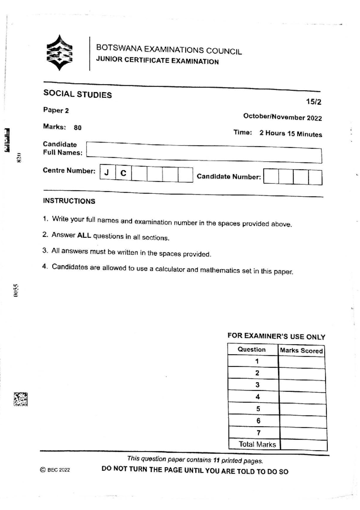 Social Studies JCE 2022 Exam Paper 2: Guidelines and Questions - Studocu