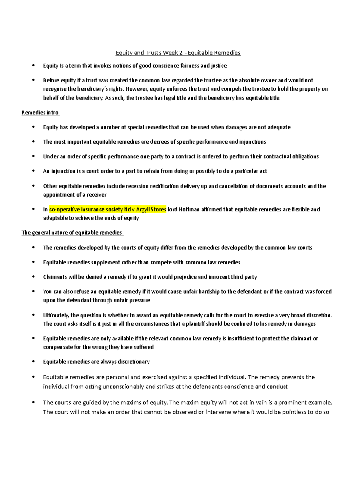 Equity and Trusts: Week 2 Equitable Remedies Overview - Studocu