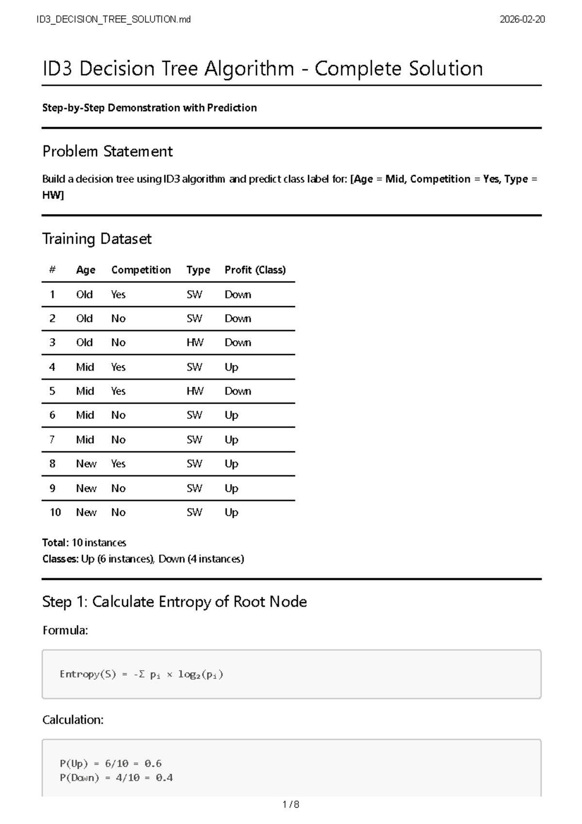 ID3 Decision Tree Algorithm Solution for Prediction Problem - Studocu