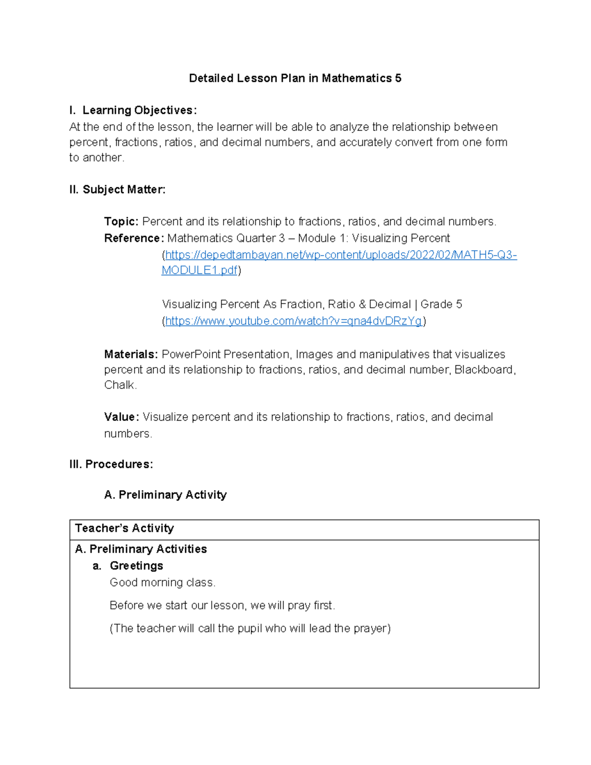 Detailed Lesson Plan in Math 5: Percent, Fractions, Ratios & Decimals ...