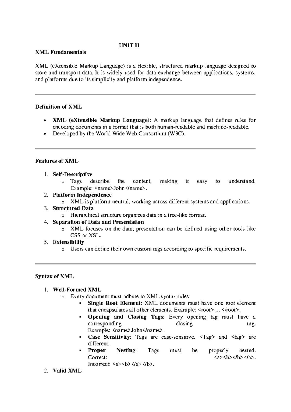 UNIT II XML Fundamentals: Key Concepts and Applications - Studocu