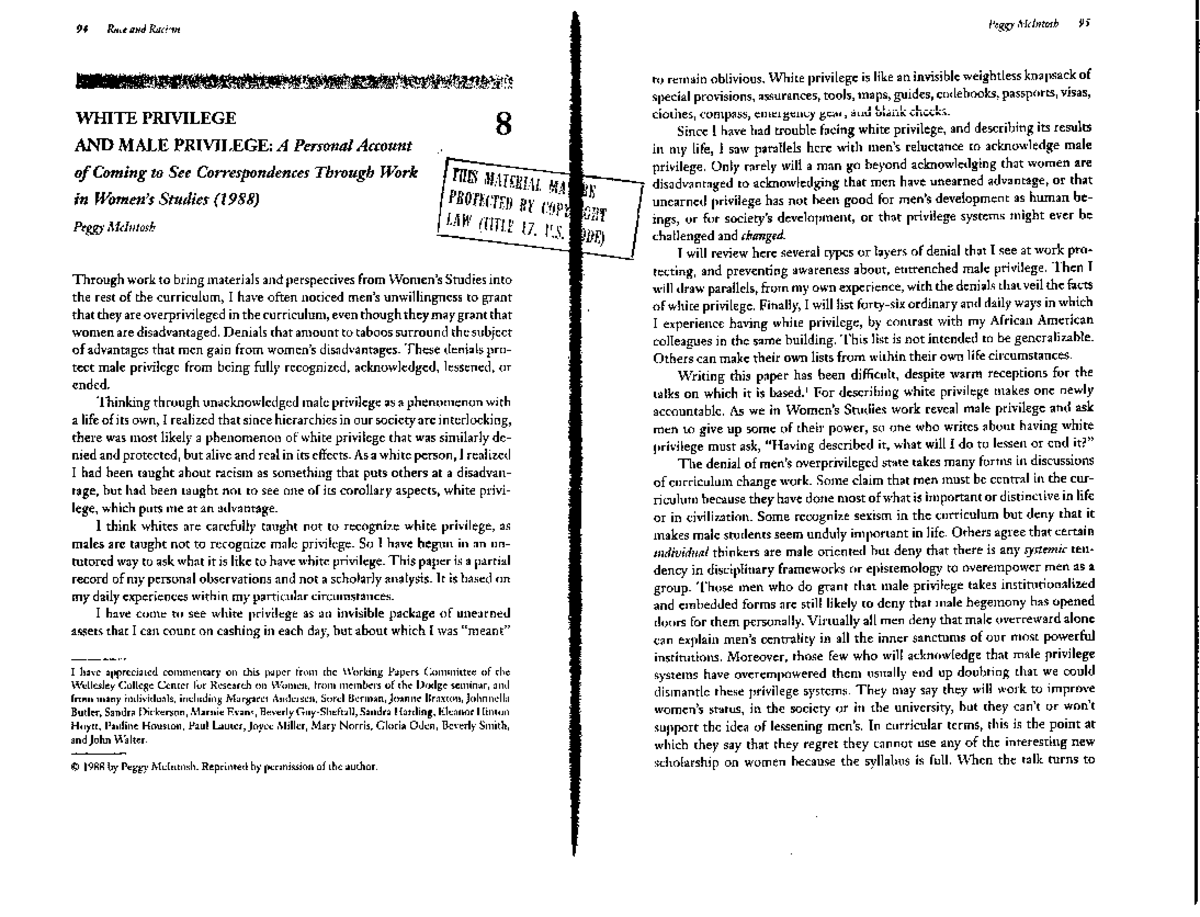 94 Race and Racism: Understanding White Privilege by Peggy McIntosh ...