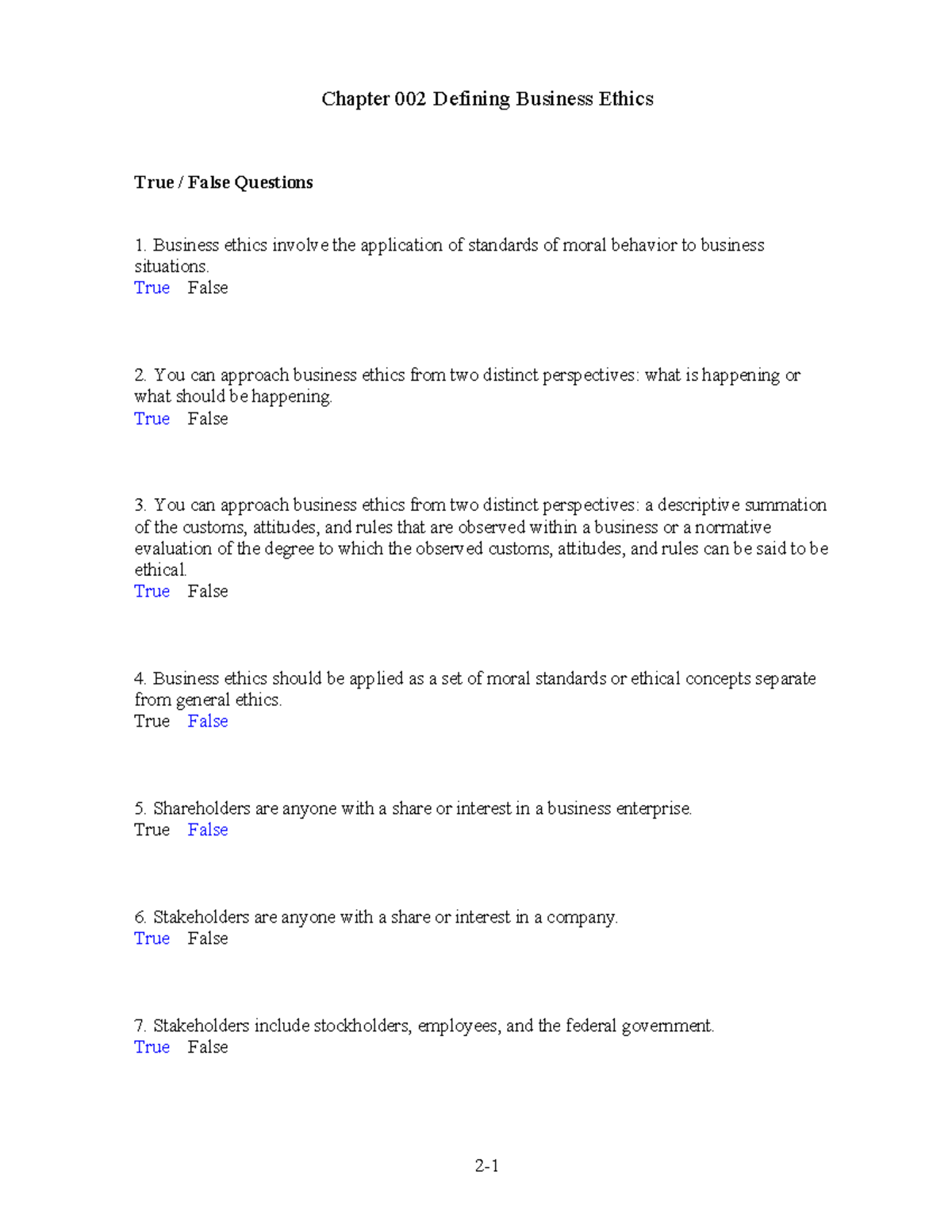 Chapter 002 - Quiz 2 - True/False & Multiple Choice Questions - Studocu