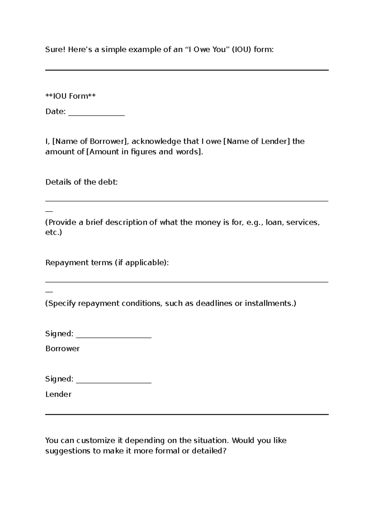 I Owe You Form - I owe you - Sure! Here’s a simple example of an “I Owe ...