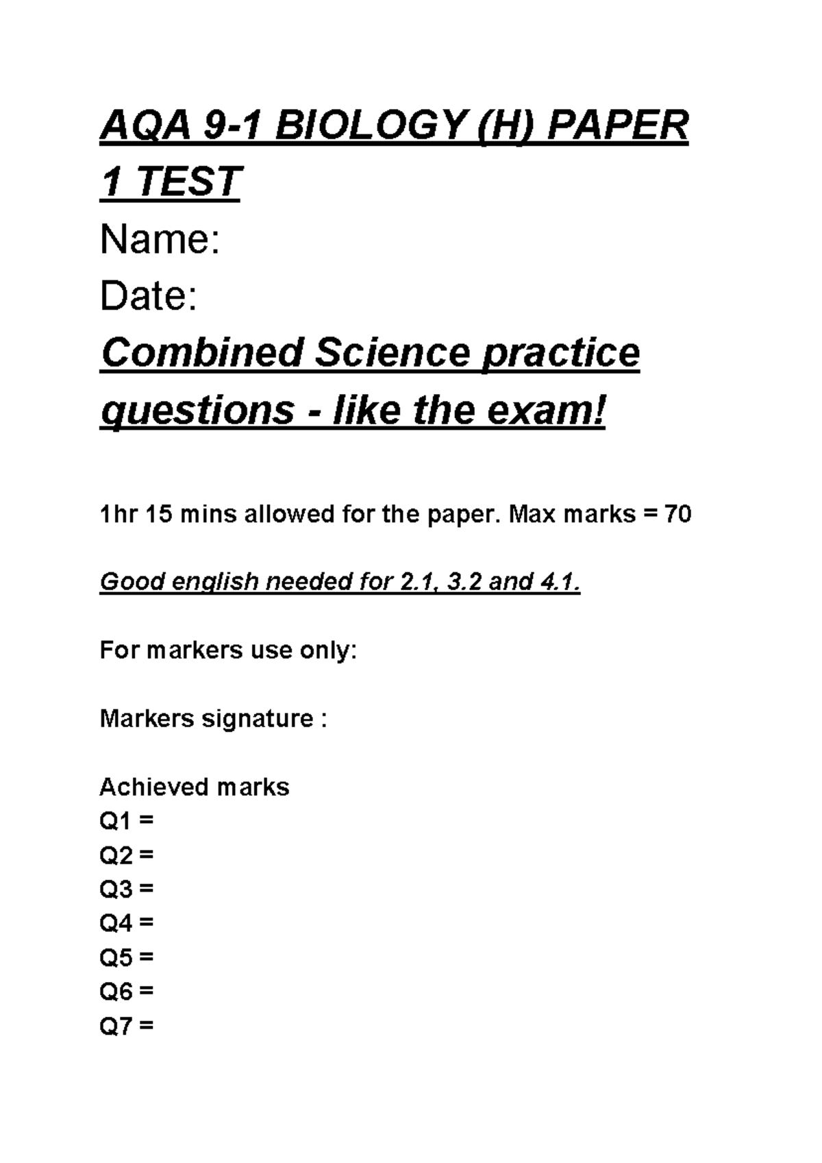 AQA 9-1 Biology (H) Paper 1 Test: Combined Science Practice Questions ...
