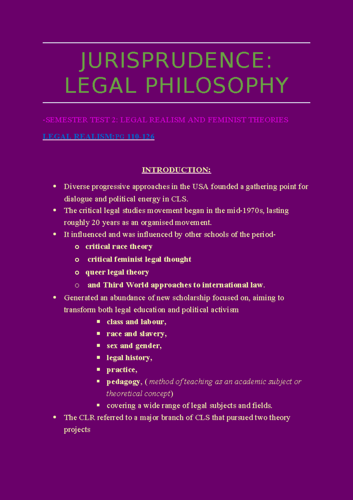 JURISPRUDENCE: LEGAL PHILOSOPHY TEST 2 NOTES ON LEGAL REALISM ...