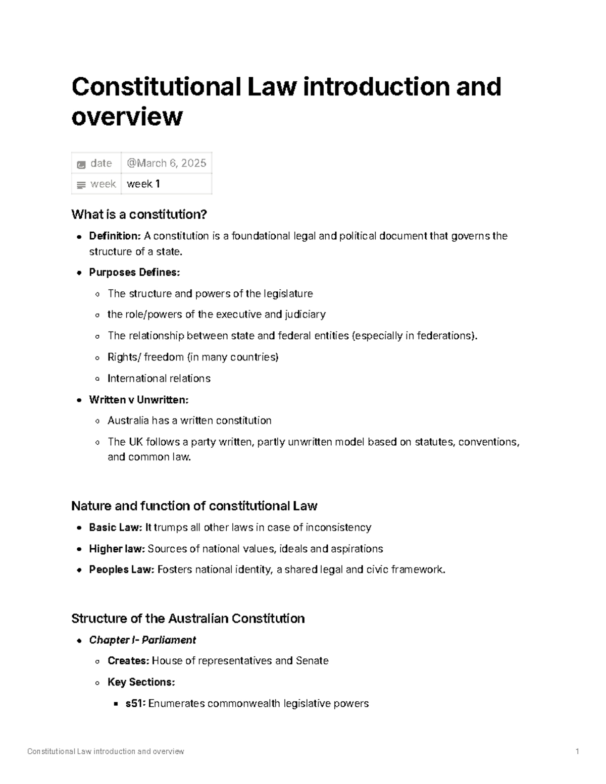 C1 - Introduction to Constitutional Law Notes (Week 1 Overview) - Studocu
